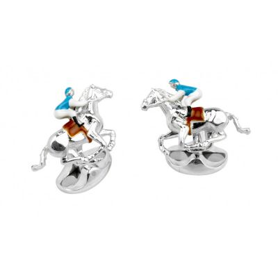D&F Cufflinks 925 Blue And Brown Horse And Jockey 