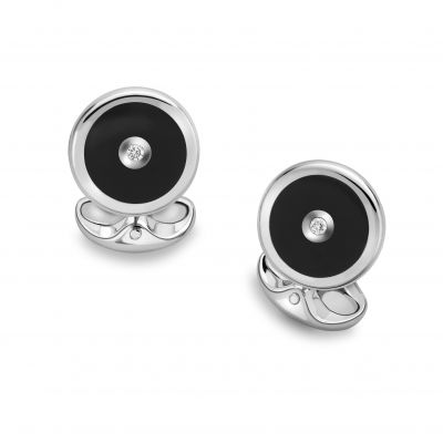 STERLING SILVER ROUND CUFFLINKS WITH ONYX AND DIAMOND