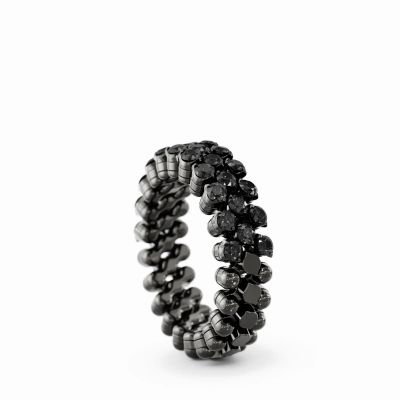 Ring Multi Size 3 Rows Half 2 Points Black Gold Black Diamonds