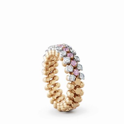Ring Multi Size 3 Rows Half 2 Points Rose And White Gold White Diamonds Pink Sapphires White Rhodium On Tips
