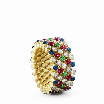 Ring Multi Size 5 Rows Full 2 Points Yellow Gold White Diamonds Blue Sapphires Rubies Tzavorites Gems Selection Multicolor