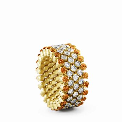 Ring Multi Size 5 Rows Full 2 Points Yellow Gold White Diamonds Orange Sapphires Reverse