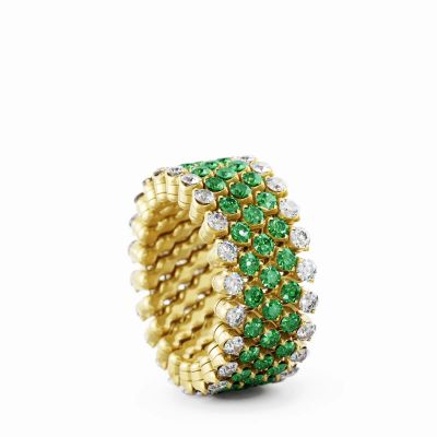 Ring Multi Size 5 Rows Full 2 Points Yellow Gold White Diamonds Tzavorites