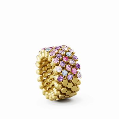 Ring Multi Size 5 Rows Half 4 Points Yellow Gold Violet Sapphires Mix