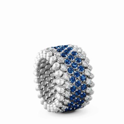 Ring Multi Size 7 Rows Middle 2 Points White Gold White Diamonds Blue Sapphires